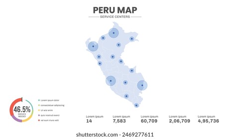 Los centros de servicio están destacados dentro del mapa de Perú Mapa, Mapa Infográfico de Perú Ilustración vectorial