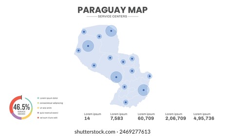 Service centers are highlighted within the map of Paraguay Map, Infographic map of Paraguay Vector Illustration