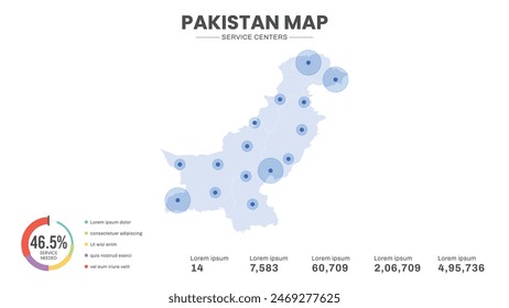 Los centros de servicio están destacados dentro del mapa de Pakistán Map, mapa infográfico de la Ilustración vectorial de Pakistán