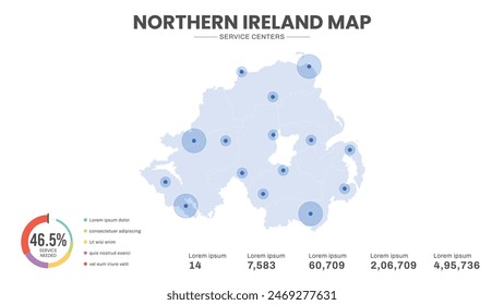 Service centers are highlighted within the map of Northern Ireland Map, Infographic map of Northern Ireland Vector Illustration