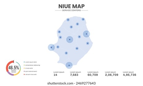 Service centers are highlighted within the map of Niue Map, Infographic map of Niue Vector Illustration
