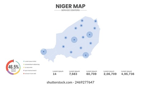 Service centers are highlighted within the map of Niger Map, Infographic map of Niger Vector Illustration