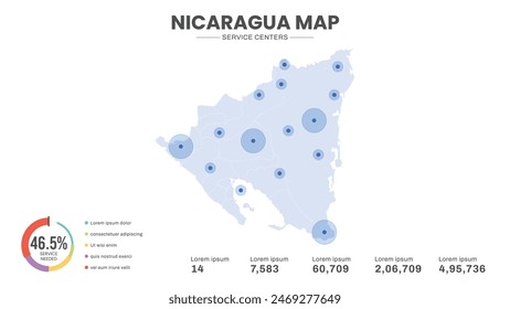 Service centers are highlighted within the map of Nicaragua Map, Infographic map of Nicaragua Vector Illustration