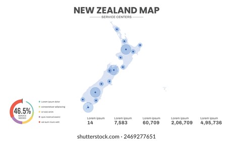 Service centers are highlighted within the map of New Zealand Map, Infographic map of New Zealand Vector Illustration