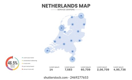 Service centers are highlighted within the map of Netherlands Map, Infographic map of Netherlands Vector Illustration