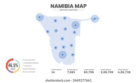 Service centers are highlighted within the map of Namibia Map, Infographic map of Namibia Vector Illustration