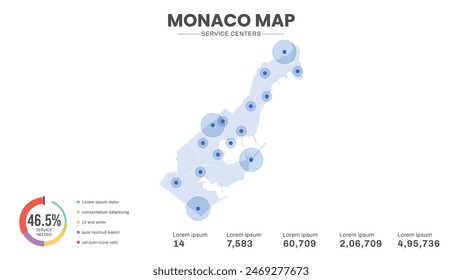 Service centers are highlighted within the map of Monaco Map, Infographic map of Monaco Vector Illustration