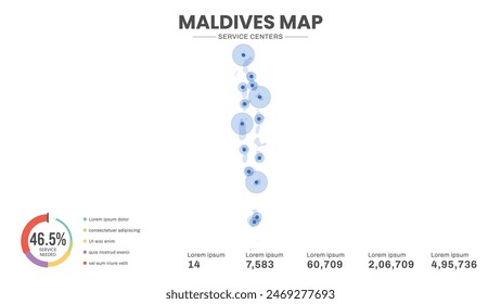 Service centers are highlighted within the map of Maldives Map, Infographic map of Maldives Vector Illustration