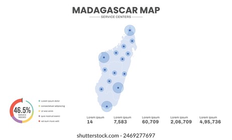 Service centers are highlighted within the map of Madagascar Map, Infographic map of Madagascar Vector Illustration