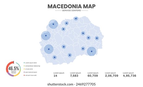 Service centers are highlighted within the map of Macedonia Map, Infographic map of Macedonia Vector Illustration