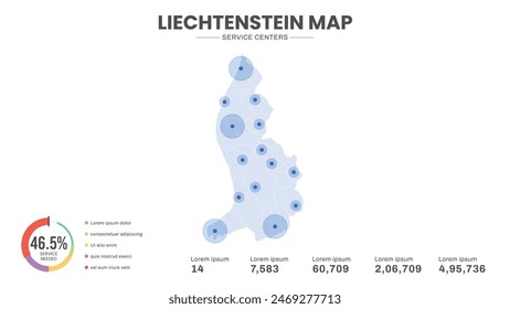 Service centers are highlighted within the map of Liechtenstein Map, Infographic map of Liechtenstein Vector Illustration