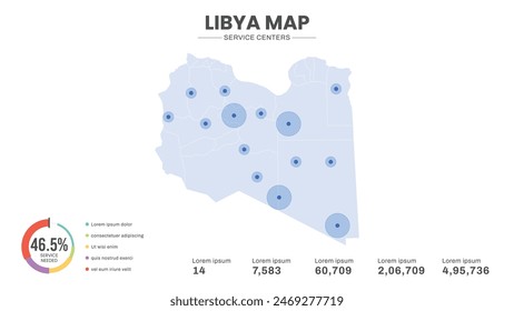Service centers are highlighted within the map of Libya Map, Infographic map of Libya Vector Illustration