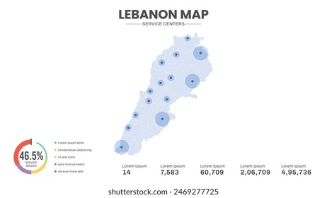 Service centers are highlighted within the map of Lebanon Map, Infographic map of Lebanon Vector Illustration