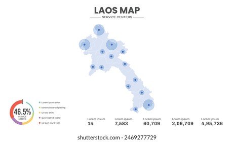 Service centers are highlighted within the map of Laos Map, Infographic map of Laos Vector Illustration