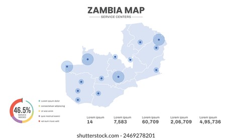 Service centers are highlighted within the map of Zambia Map, Infographic map of Zambia Vector Illustration