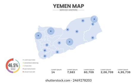 Service centers are highlighted within the map of Yemen Map, Infographic map of Yemen Vector Illustration