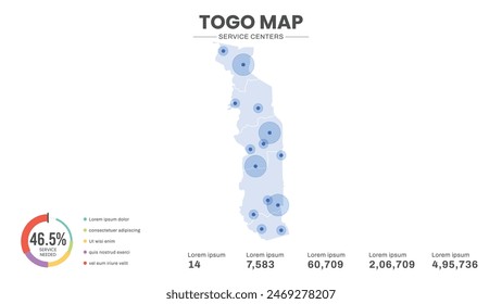 Service centers are highlighted within the map of Togo Map, Infographic map of Togo Vector Illustration