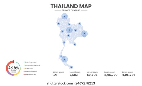 Service centers are highlighted within the map of Thailand Map, Infographic map of Thailand Vector Illustration