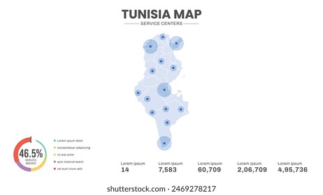 Servicezentren sind auf der Landkarte von Tunesien hervorgehoben, Infografik der Tunesischen Vektorillustration