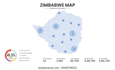 Service centers are highlighted within the map of Zimbabwe Map, Infographic map of Zimbabwe Vector Illustration