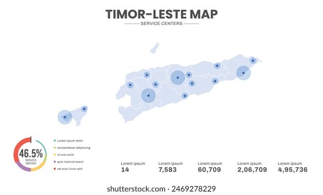 Service centers are highlighted within the map of East Timor Map, Infographic map of East Timor Vector Illustration