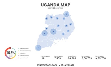 Service centers are highlighted within the map of Uganda Map, Infographic map of Uganda Vector Illustration