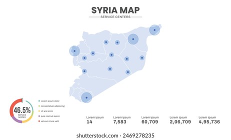 Los centros de servicio están destacados dentro del mapa de Siria Mapa, Mapa infográfico de Siria Ilustración vectorial