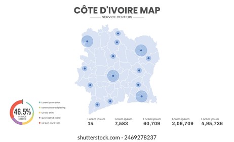 Service centers are highlighted within the map of Ivory Coast Map, Infographic map of Ivory Coast Vector Illustration