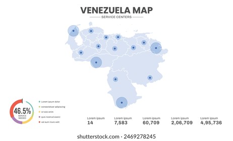 Service centers are highlighted within the map of Venezuela Map, Infographic map of Venezuela Vector Illustration