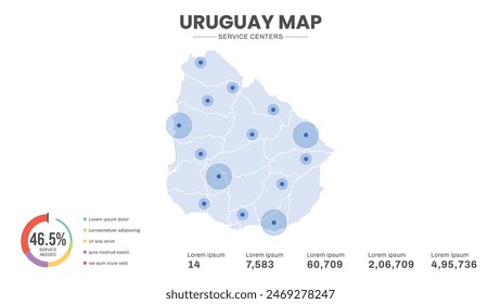 Service centers are highlighted within the map of Uruguay Map, Infographic map of Uruguay Vector Illustration