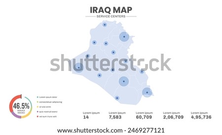 Service centers are highlighted within the map of Iraq Map, Infographic map of Iraq Vector Illustration