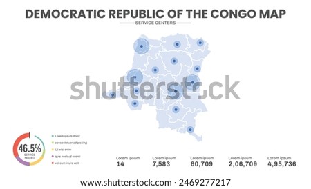 Service centers are highlighted within the map of Democratic Republic of the Congo Map, Infographic map of Democratic Republic of the Congo Vector Illustration