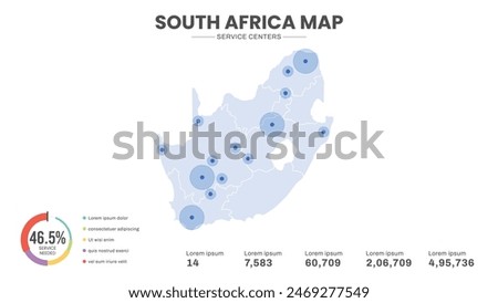 Service centers are highlighted within the map of South Africa Map, Infographic map of South Africa Vector Illustration