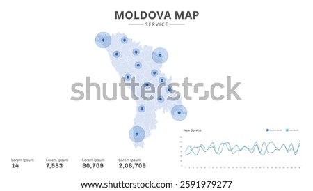 Service centers are highlighted within the of Moldova Infographic map. Business Infographic Map of Moldova. Vector Map of a Moldova map. Easy to edit