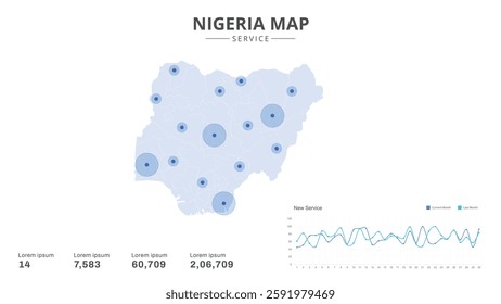 Service centers are highlighted within the of Nigeria Infographic map. Business Infographic Map of Nigeria. Vector Map of a Nigeria map. Easy to edit