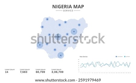 Service centers are highlighted within the of Nigeria Infographic map. Business Infographic Map of Nigeria. Vector Map of a Nigeria map. Easy to edit