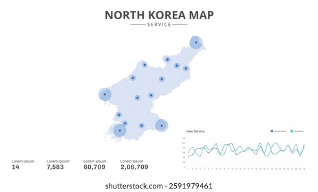 Service centers are highlighted within the of North Korea Infographic map. Business Infographic Map of North Korea. Vector Map of a North Korea map. Easy to edit