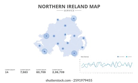 Service centers are highlighted within the of Northern Ireland Infographic map. Business Infographic Map of Northern Ireland. Vector Map of a Northern Ireland map. Easy to edit