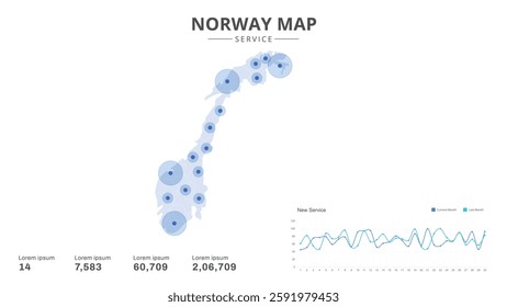 Service centers are highlighted within the of Norway Infographic map. Business Infographic Map of Norway. Vector Map of a Norway map. Easy to edit