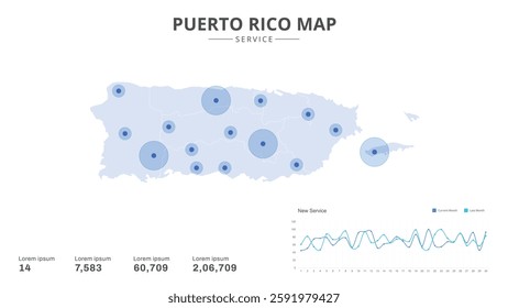 Service centers are highlighted within the of Puerto Rico Infographic map. Business Infographic Map of Puerto Rico. Vector Map of a Puerto Rico map. Easy to edit