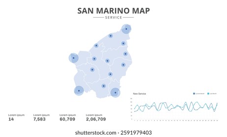 Service centers are highlighted within the of San Marino Infographic map. Business Infographic Map of San Marino. Vector Map of a San Marino map. Easy to edit