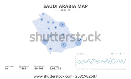 Service centers are highlighted within the of Saudi Arabia Infographic map. Business Infographic Map of Saudi Arabia. Vector Map of a Saudi Arabia map. Easy to edit