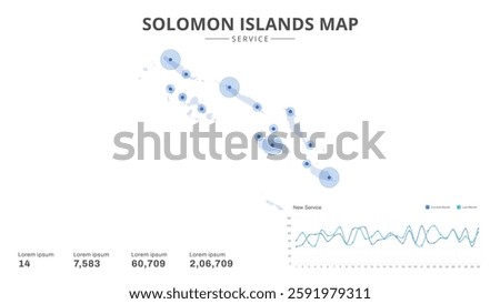 Service centers are highlighted within the of Solomon Islands Infographic map. Business Infographic Map of Solomon Islands. Vector Map of a Solomon Islands map. Easy to edit