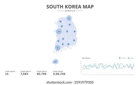 Service centers are highlighted within the of South Korea Infographic map. Business Infographic Map of South Korea. Vector Map of a South Korea map. Easy to edit