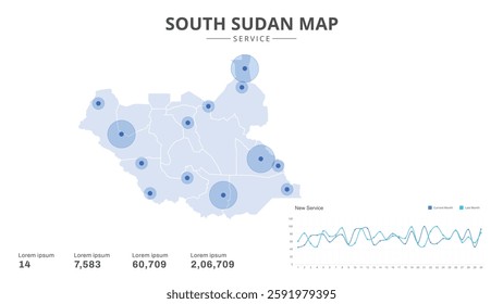 Service centers are highlighted within the of South Sudan Infographic map. Business Infographic Map of South Sudan. Vector Map of a South Sudan map. Easy to edit