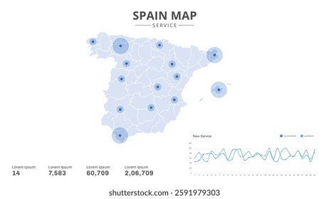 Service centers are highlighted within the of Spain Infographic map. Business Infographic Map of Spain. Vector Map of a Spain map. Easy to edit