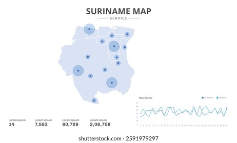 Service centers are highlighted within the of Suriname Infographic map. Business Infographic Map of Suriname. Vector Map of a Suriname map. Easy to edit