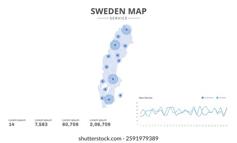 Service centers are highlighted within the of Sweden Infographic map. Business Infographic Map of Sweden. Vector Map of a Sweden map. Easy to edit