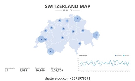 Service centers are highlighted within the of Switzerland Infographic map. Business Infographic Map of Switzerland. Vector Map of a Switzerland map. Easy to edit