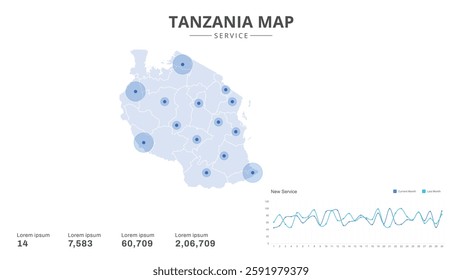 Service centers are highlighted within the of Tanzania Infographic map. Business Infographic Map of Tanzania. Vector Map of a Tanzania map. Easy to edit